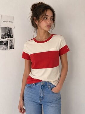 Tommy Hilfiger Red White Colorblock Tee Womens XS Fitted Preppy Youth M